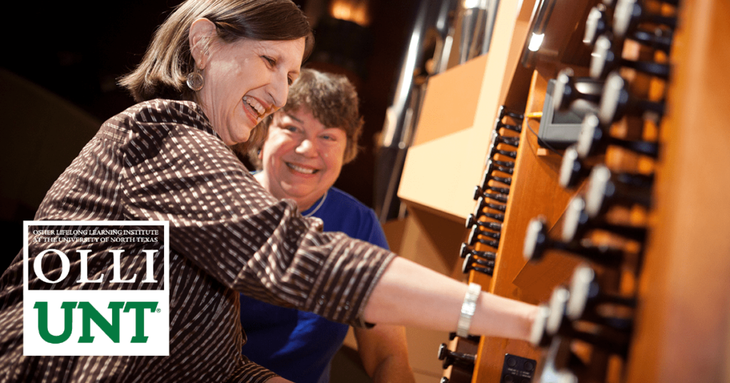 Teacher and Student sitting in front of a pipe organ with OLLI at UNT Logo overlayed.