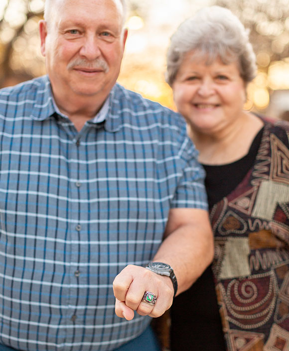 Stu Tentoni ('74) and his wife, Charlotte Hall, at the Fall 2023 UNT Ring Ceremony and Eagle Ring Dive.