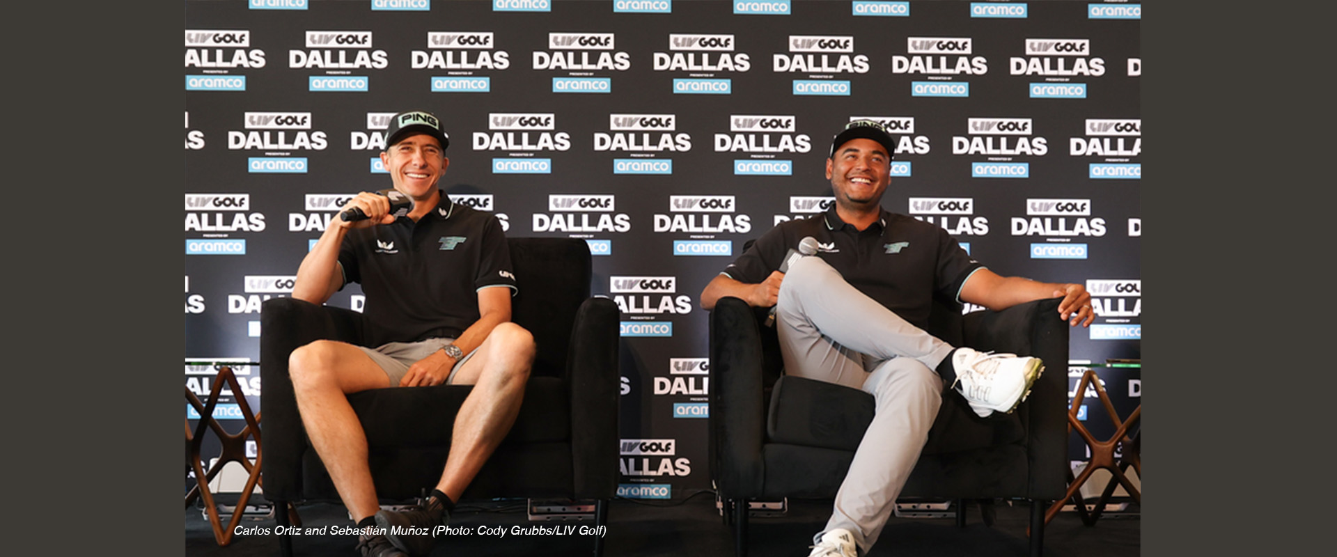 UNT alumni Carlos Ortiz and Sebastián Muñoz of Torque GC speak at the press conference during media day before LIV Golf Dallas at Maridoe Golf Club.