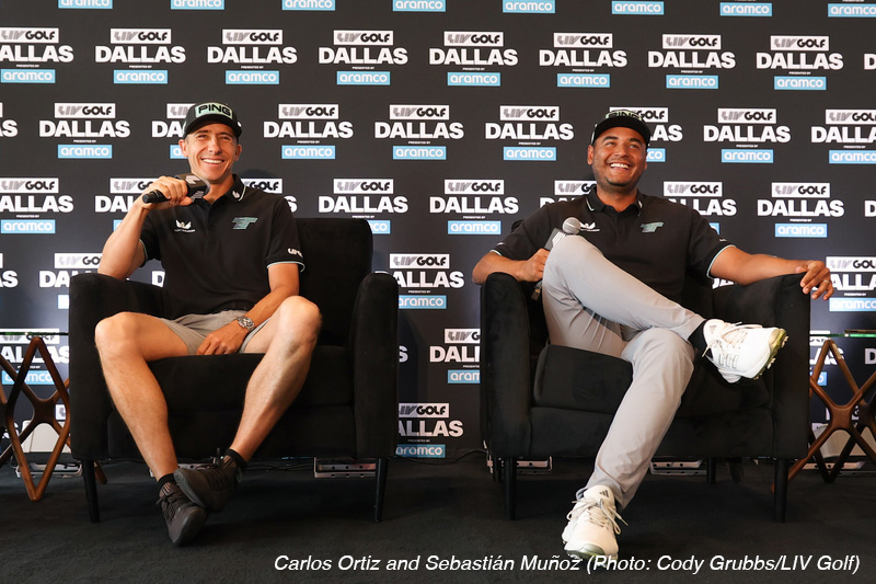 LIV Golf Dallas Carlos Ortiz Sebastian Munoz June 2025 web 3 UNT alumni Carlos Ortiz and Sebastián Muñoz of Torque GC speak at the press conference during media day before LIV Golf Dallas at Maridoe Golf Club.