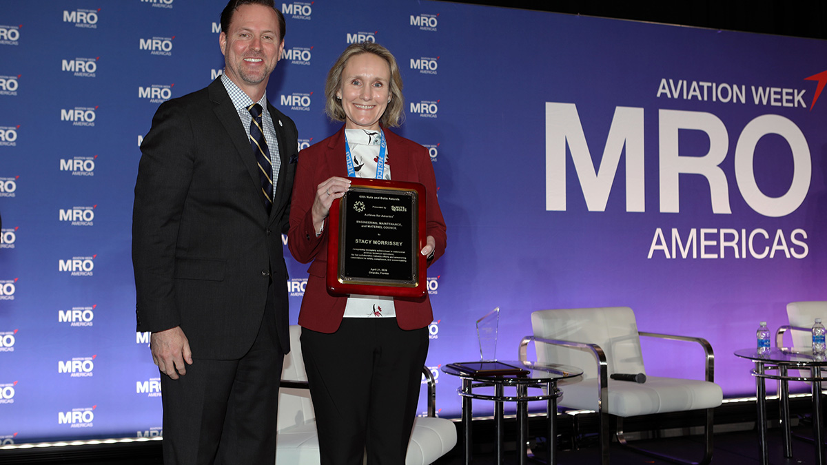 Stacy Morrissey receives the Airlines for America Nuts & Bolts Award in May 2026.